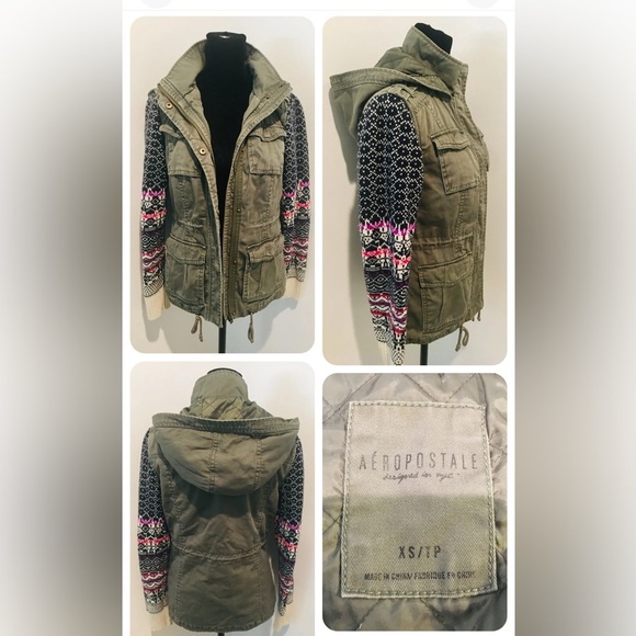 AEROPOSTALE Khaki Green Canvas Hood Jacket Fair Isle Knit Sleeves Pockets XS - Picture 3 of 5